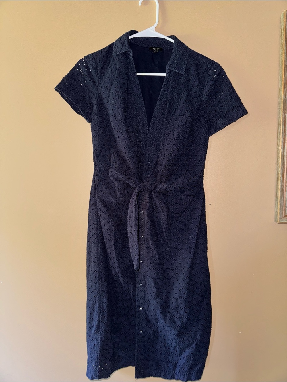 Talbots navy blue Eyelet Tie-Waist Midi Dress 100% cotton lining and shell